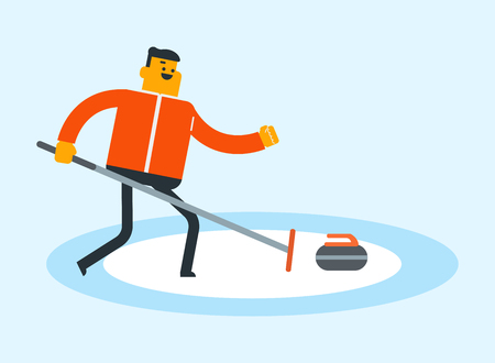 Caucasian white sportsman playing curling on the ice rink. Curling player delivering a stone, sliding over the ice and rubbing the ice with a broom. Vector cartoon illustration. Horizontal layout.の写真素材