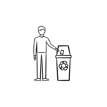 Man throwing garbage into a trash bin hand drawn outline doodle icon. Ecology protection concept. Male figure with a trash bin vector sketch illustration for print, web, mobile and infographics.のイラスト素材