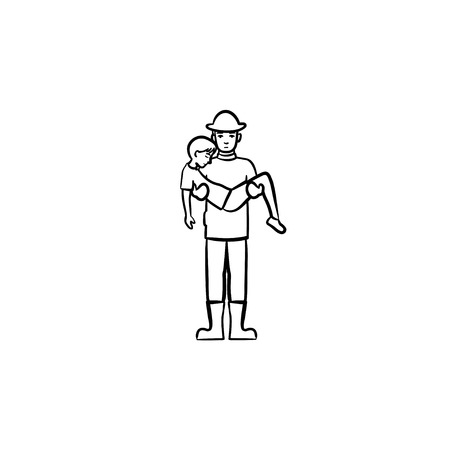 Strong fireman rescuing a person hand drawn outline doodle icon. Fireman rescuing a man vector sketch illustration for print, web, mobile and infographics isolated on white background.のイラスト素材