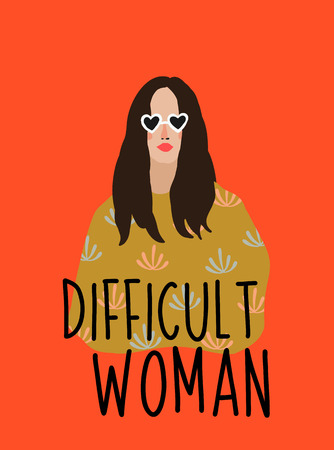 Graphic tee typography slogan difficult woman for t-shirt printing and embroidery. Design element with girl in sunglasses. Independence concept printed tee. Hand drawn vector for fashion, poster, web.のイラスト素材