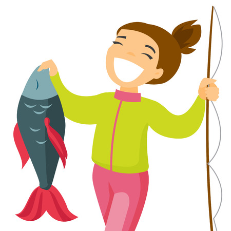 Happy caucasian white fisherwoman proud of catch after fishing. Young cheerful woman fishing. Angler holding a big fish hands. Vector cartoon illustration isolated on white background. Square layout.の写真素材