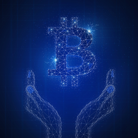 Blockchain technology on futuristic hud background with glowing polygon bitcoin, hands and blockchain peer to peer network. Global cryptocurrency blockchain business banner concept.の写真素材