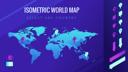 World map isometric vector illustration. The world map with pins, arrows and bubbles. Country select and allocation concept. Design for infographic template. 3d illustration on ultraviolet background.のイラスト素材
