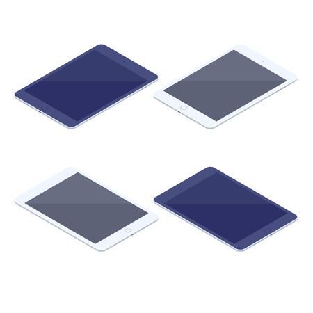 Isometric set of digital tablets isolated illustration. Technology and computing design elements. Horizontally oriented tablet pads with black and white frames vector 3d cartoon on white background.のイラスト素材