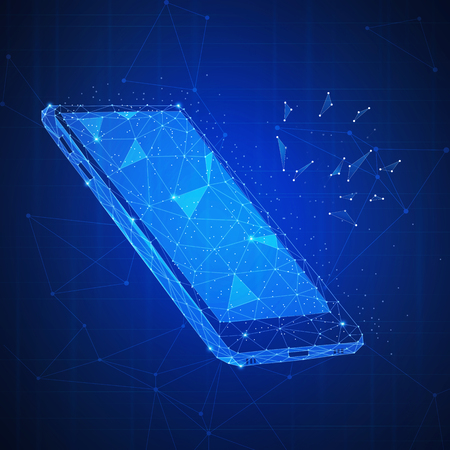 Polygon 3d smartphone with blockchain technology peer to peer network on blue hud background. Smart device as a concept of mobile technology, wireless network, social media, business. Square layout.の写真素材