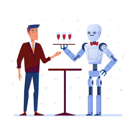Robot waiter serves wine to a caucasian man. Concept of robotization, replacing job positions with robots, automatization, futuristic restaurant service. Vector flat design illustration. Square layoutのイラスト素材