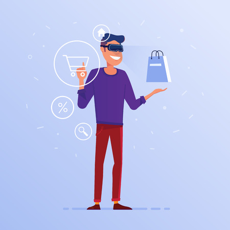 A caucasian white man in VR headset with virtual hud interface elements symbolizing online shopping. Concept of e-commerce operated by virtual reality tools. Vector flat design illustration.のイラスト素材