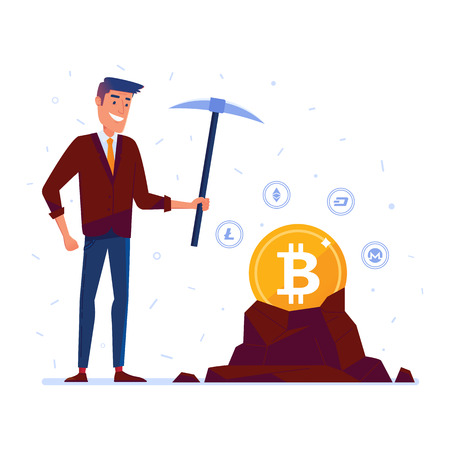 Happy caucasian man mining cryptocurrency coins. Concept of bitcoin mining, blockchain wallet and money keeping. Vector cartoon illustration on the white background. Square layout.のイラスト素材