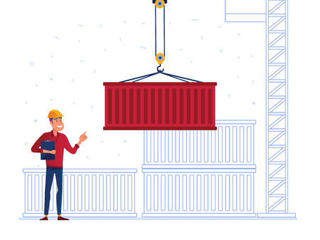 Port warehouse worker is receiving the container. Man controling port crane with cargo container as a concept of modern warehousing services and logistics technology. Vector illustration on background.のイラスト素材