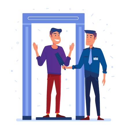 Airport security guard on metal detector check point. Full body scanner. Passenger at security check gate. Vector flat design illustration on white background.のイラスト素材