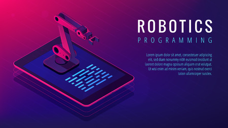 Isometric automated robot arm on tablet screen. Robotics research engineering and robotic systems programming in vibrant gradient violet color. Vector 3d isometric landing page concept.のイラスト素材