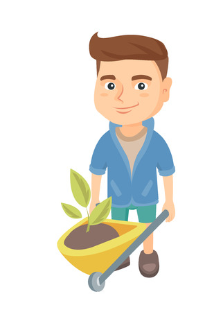 Caucasian boy pushing wheelbarrow with soil and plant. Little boy pulling wheelbarrow full of soil with plant. Vector sketch cartoon illustration isolated on white background.のイラスト素材