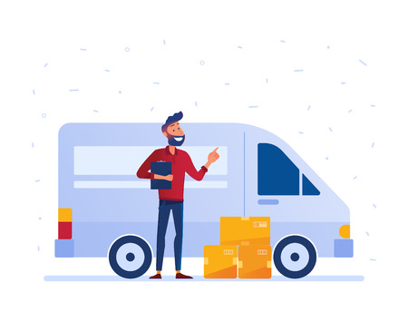 Delivery man with cardboard boxes in front of the van as local delivery service and shipping concept. Door to door car delivery by courier vector illustration on white background.のイラスト素材