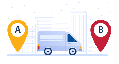 Delivery van shipping cargo according to delivery route. Navigation pins and a truck as a concept of delivery area, map tool and carrier route vector flat design illustration on white background.のイラスト素材