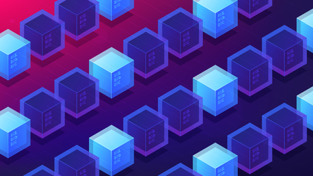 Isometric blockchain mining proof of work landing page concept. PoW system, cyber security protocol, blockchain algorithm illustration on ultra violet background. Vector 3d isometric illustration.のイラスト素材