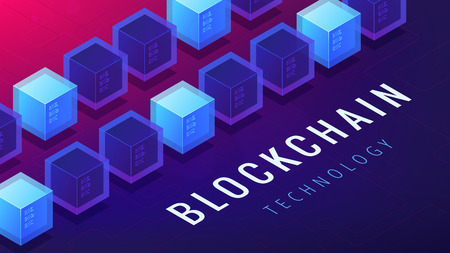 Isometric blockchain technology concept. Computer network, global cryptocurrency stock exchange and blockchain data transfer illustration on ultraviolet background. Vector 3d isometric illustration.のイラスト素材