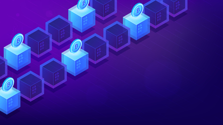 Isometric bitcoin mining computers. Bitcoin miner hardware and software concept. Cryptocurrency mining farm. Blockchain network on ultra violet background. Vector 3d isometric illustration.のイラスト素材