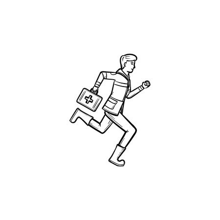 Doctor is running with first aid kit in arm hand drawn outline doodle icon. Emergency medical service concept. Vector sketch illustration for print, web, mobile and infographics on white background.のイラスト素材