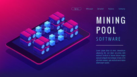 Isometric mining pool landing page concept. Joint group of cryptocurrency miners, networking, computational resources combining on ultra violet background. Vector 3d isometric illustration.のイラスト素材