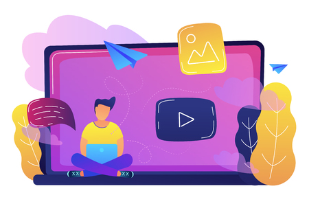 A man sitting on a big laptop with play button as online network, blog, web media, social networking, media content and online gallery concept, violet palette. Vector illustration on white background.のイラスト素材