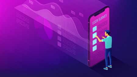 Isometric big data analysis, feedback and research concept. A man in front of mobile screen with visual data analysis statistics pie charts and graphics in violet color. Vector ultraviolet background.のイラスト素材