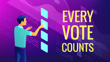 Isometric big data analysis, feedback and voting concept. A man in front of virtual interface with visual data elements and title every vote counts in violet color. Vector ultraviolet background.のイラスト素材