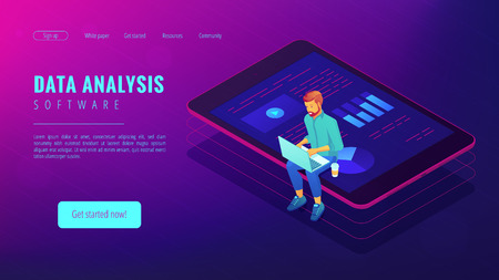 Isometric big data analysis concept. A business analyst with laptop and visual data analysis statistics pie charts and graphics on the tablets screen in violet color. Vector ultraviolet background.のイラスト素材