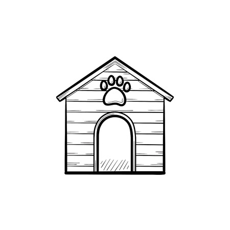 Doghouse hand drawn outline doodle icon. Doghouse with footprint as country life and property protection concept. Vector sketch illustration for print, web, mobile and infographics on white backgroundのイラスト素材