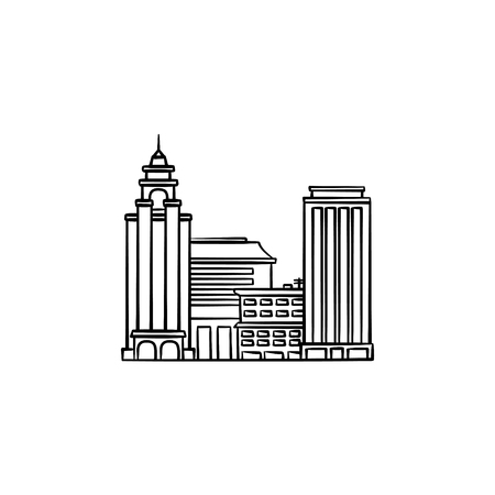 Cityscape hand drawn outline doodle icon. Downtown buildings as urban landscape and skyline concept vector sketch illustration for print, web, mobile and infographics on white background.のイラスト素材