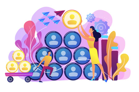 People building career pyramid with chief executive officer CEO on the top. Highest ranking manager, managing director in the IT company. IT team management concept. Violet palette. Vector illustrationの写真素材