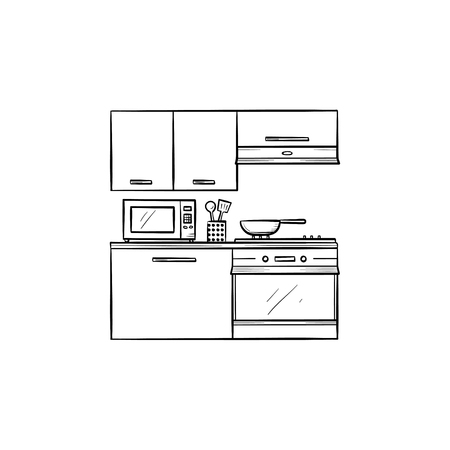 Kitchen interior and microwave, fridge, oven hand drawn outline doodle icon. Kitchen counter, cabinets concept. Vector sketch illustration for print, web, mobile and infographics on white background.の写真素材