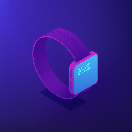 Isometric smartwatch with data on the screen. Wearable devices software and application development. IT business and digital technology concept. Ultraviolet background. Vector 3d illustration.のイラスト素材