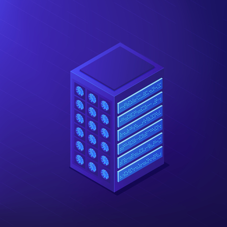 Isometric proxy server concept. Clients requests for server resources, IP address blocking and personal data in global internet web on ultra violet background. Vector 3d isometric illustration.のイラスト素材