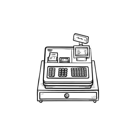 Cash register machine hand drawn outline doodle icon. Retail, shop service and equipment, store receipt concept. Vector sketch illustration for print, web, mobile and infographics on white background.のイラスト素材