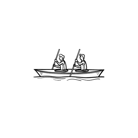 Two sportsmen rowing in canoe hand drawn outline doodle icon. Water sport, rowing, kayaking concept. Vector sketch illustration for print, web, mobile and infographics on white background.のイラスト素材