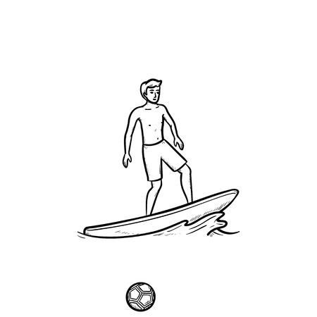 Male surfer on board hand drawn outline doodle icon. Beach holidays, ocean waves, extreme sport concept. Vector sketch illustration for print, web, mobile and infographics on white background.のイラスト素材