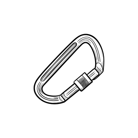 Safety mountain climbing carabiner hand drawn outline doodle icon. Climbing equipment, mountain safety concept. Vector sketch illustration for print, web, mobile and infographics on white background.のイラスト素材