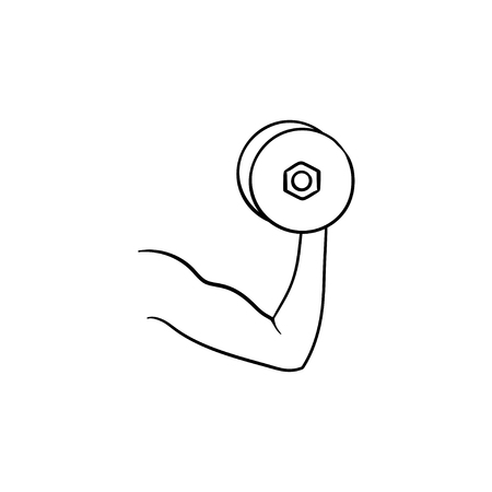 Arm with dumbbell hand drawn outline doodle icon. Bodybuilding, fitness and gym, biceps muscle concept. Vector sketch illustration for print, web, mobile and infographics on white background.のイラスト素材