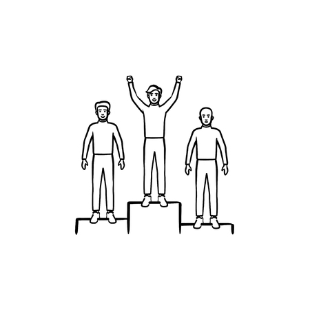 Winners on the podium hand drawn outline doodle icon. Business and sport success, award ceremony, prize concept. Vector sketch illustration for print, web, mobile and infographics on white background.のイラスト素材