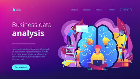 Business analyst working on laptop with business intelligence. Business data analysis, data management, database technologies and analysis tools concept, violet palette. Vector landing page.のイラスト素材