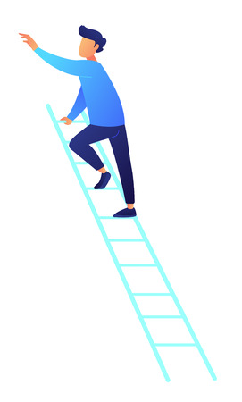 Businessman climbing up career ladder vector illustration. Career promotion and growth strategy, success and career goal, new opportunities and leadership concept. Isolated on white background.のイラスト素材