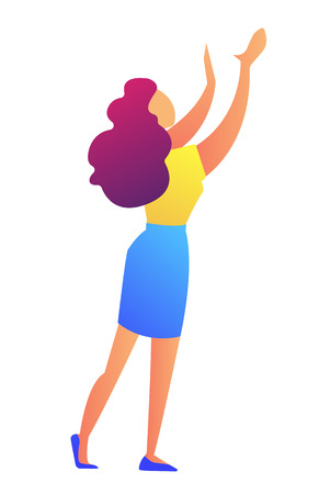 Business woman with hands up doing presenting gesture vector illustration. Business woman demonstrating and showing, saleswoman and consultant presenting goods concept. Isolated on white background.のイラスト素材