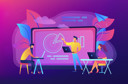 Students with laptops sitting around lector behind interactive board. Digital classroom, flipped class, smart classroom. Modern education concept.Vector illustration on ultraviolet background