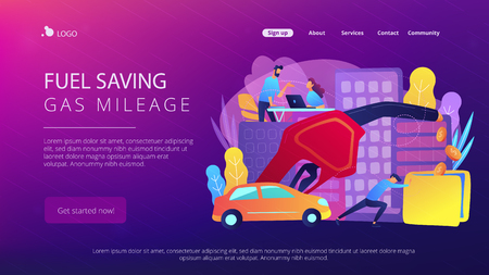 People losing money by using gas fuel cars. Fuel saving and gas mileage landing page. Fuel economy and efficient green eco friendly engine technology. Vector illustration on ultraviolet background.のイラスト素材