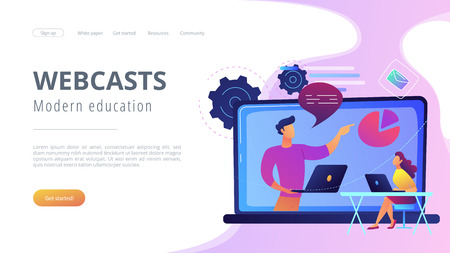 Student with laptop and lector at the LCD screen. Webcasts and modern education landing page. Web seminars, webinars and peer-level web meetings, violet palette. Vector illustration on background.のイラスト素材