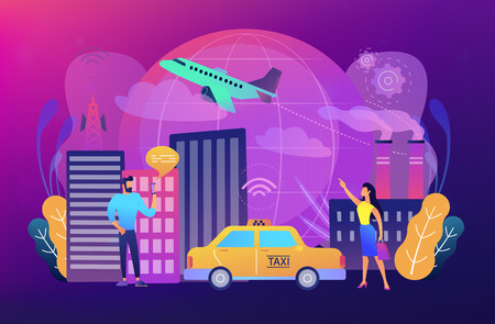 People with smartphones around modern facilities connected to global web network with wifi signs. Internet of things, IoT infrastructure and smart city concept. Vector illustration on background.のイラスト素材