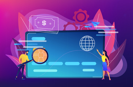 Plastic bank card, microchip and man with magnifier. Credit card payment and shopping, e-commerce, bank technology, secure purchase online concept, violet palette. Vector isolated illustration.のイラスト素材