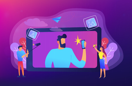 People taking selfie with smartphones and selfie-sticks as a concept of selfie culture, social network, blog, vlog, self-portrait, popularity. Violet palette. Vector illustration on background.のイラスト素材
