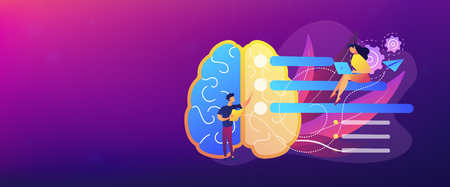 Brain with tasks and users with laptops planning. Strategy planning landing page. Analyzing, setting goals, business planning and project management. Header or footer banner template.のイラスト素材