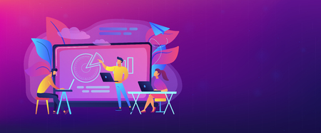 Students with laptop and lector in front of interactive board. Digital classroom landing page. Blended learning and smart classroom, modern education. Header or Footer banner.のイラスト素材